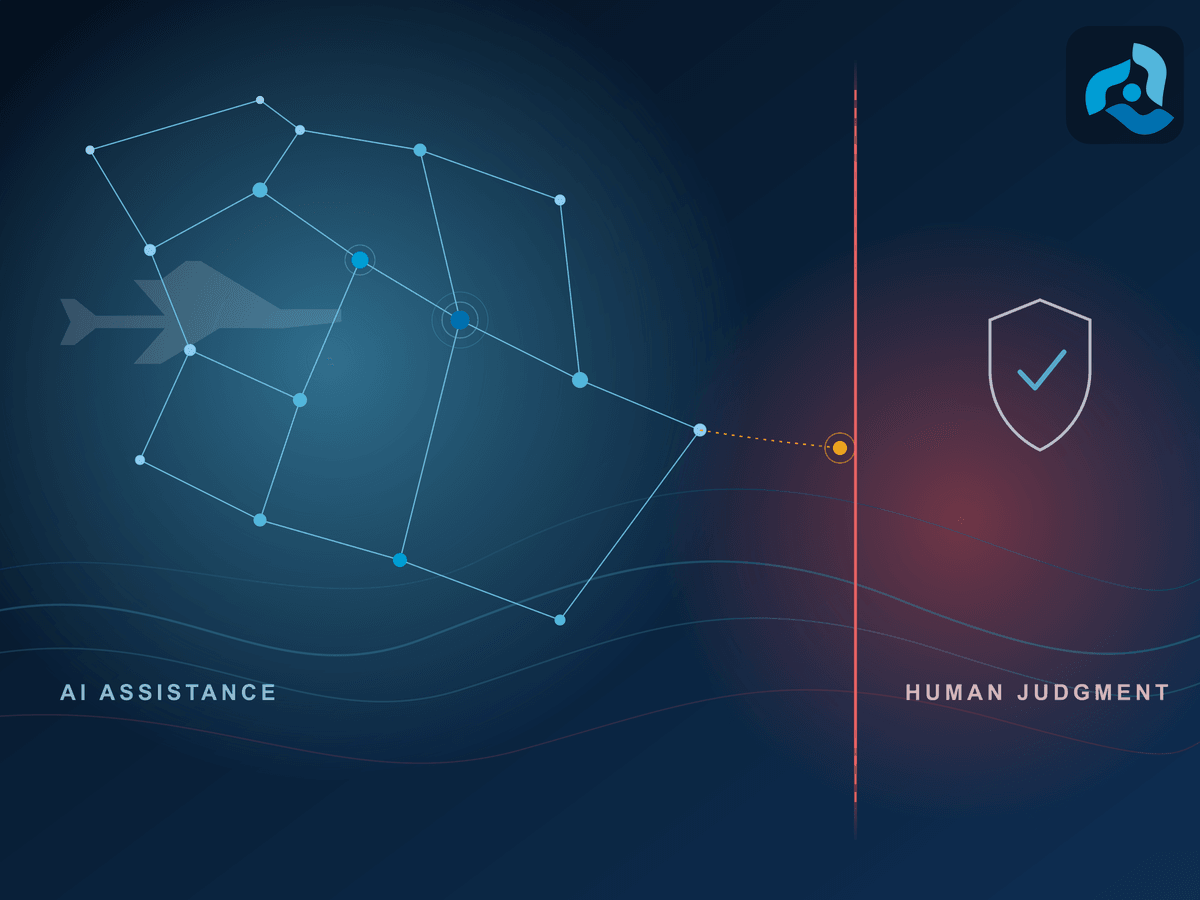 A network of AI-connected data nodes stopping at a red line before a human oversight shield icon