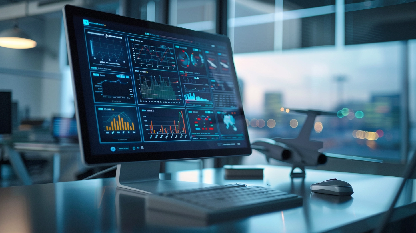 Modern flight data monitoring systems transforming aviation safety Flight data analytics dashboard displaying real-time aviation metrics on computer monitor