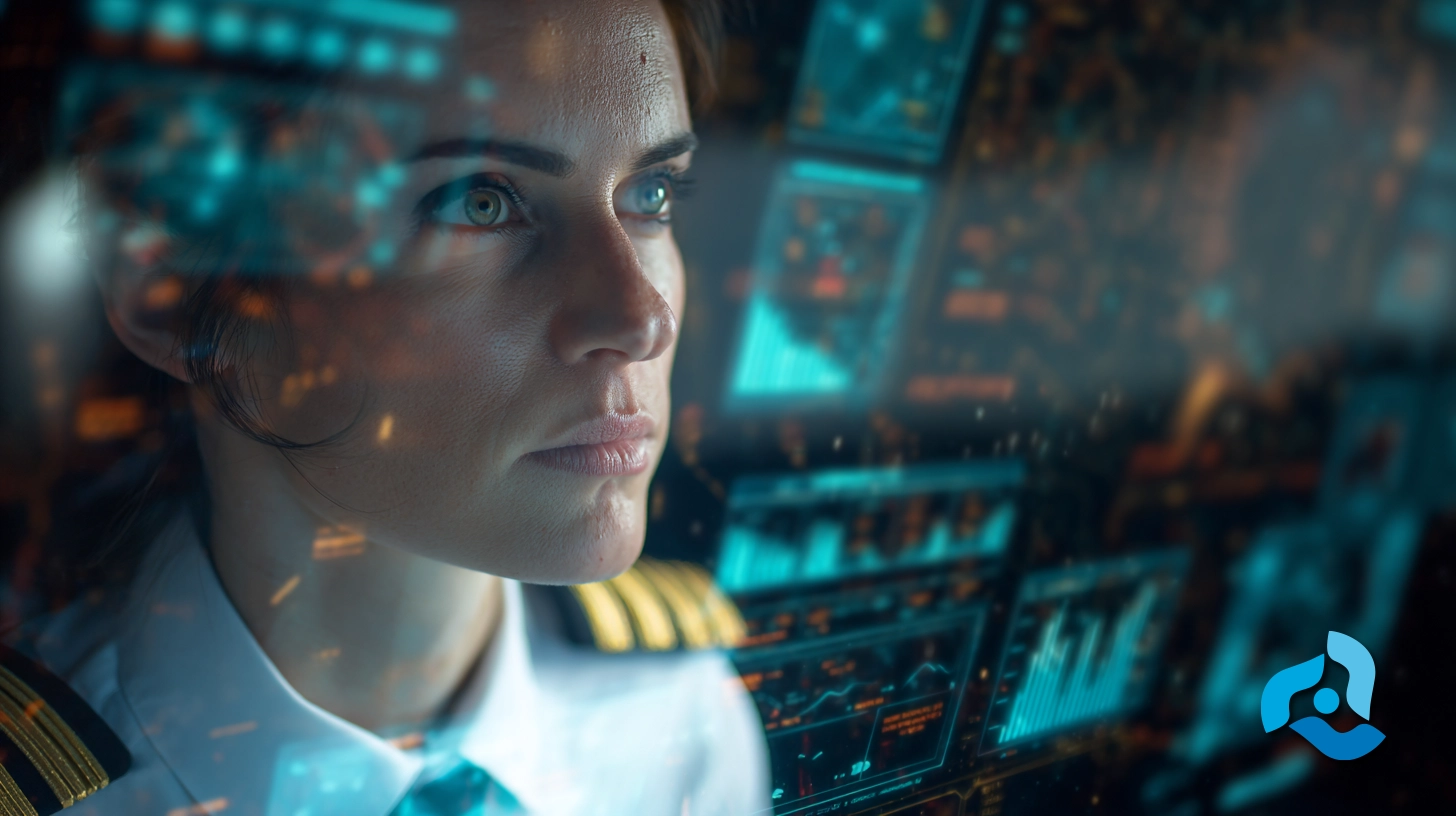 Engaging pilots with flight data monitoring for enhanced safety and efficiency Female pilot with abstract data visualization overlay representing flight data analytics
